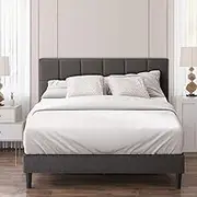Zinus Lottie Single Bed Frame Platform | Classic Square Stitched Fabric Headboard | Solid Wood Slats - Dark Grey