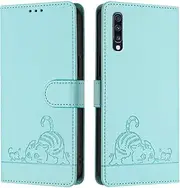 [IVY] Galaxy A70 PU Leather Flip Cover Wallet Case [Lazy Cat][Wrist & Neck Strap][Card Holder][Kickstand] for Samsung Galaxy A70 Case - Mint Green
