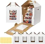 Mcfleet Tall Cake Boxes 4 Pack 12x12x14 for Tier Cakes with Window - 12 Inch Disposable Large Layer Bakery Carrier with Handle - Bakery Safe Transport Box for Wedding, Birthday, Party