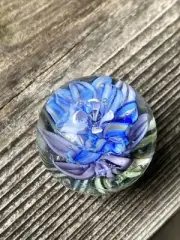 Blue Tiny Paper Weight Full Bloom Floral Murrini Handmade Glass Marble