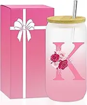 AiHeart 16oz Glass with Lid and Straw,Initial Glass with Lid and Straw,Personalized Gifts for Women,Ice Coffee Mug,Smoothie Beer Tumbler,Birthday Gifts for Mom Colleague-K