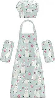 AIXIWAWA Kids Apron Chef Hat Set, Child Kitchen Bib Aprons Adjustable for Cooking Baking Painting (Cute Bunnies)