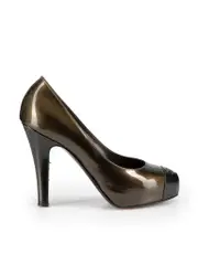 Khaki Patent Leather Cap-Toe Platform Heels