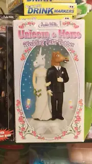 Unicorn & Horse Mask Wedding Cake Topper New In Box ! Great looking couple !