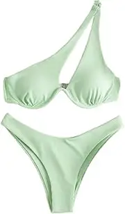 [Lilosy] Sexy Cutout One Shoulder Bikini High Cut Brazilian Bikini Swimsuit Set 2 Piece