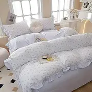 AMZTOP Vintage Blue Floral with Ruffle Full 100% Cotton Duvet Cover, Teen Girls Flower Comforter Cover with Zipper Closure, 3Pcs Romantic Aesthetic Bedding Sets 80"x90"