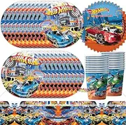 61Pcs Hot Car Birthday Party Tableware Set, Race Car Party Tableware Set, Kids Birthday Party Supplies, Boys Party Decorations, Race Car Plates Cups Tissue Paper Napkins Tablecloth (20 Guests）
