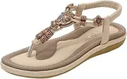 [Generic] Women's Summer Bohemian T-Strap Open Toe Sandals Braided Flat Casual Slippers Ladies Ankle Elastic Thong Beach Flip Flops (Beige 03 6.5 UK)