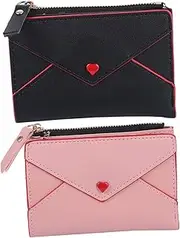 [CATIEBYE] Leather Purse for Women Heart Embroidery Mini Wallet Zipper Pouch Cardholder Small Wallet