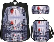 [StOlmx] 3 Pcs Set Travel Hiking Lightweight Adjustablebackpack, Insulated Lunch Bag, and Pencil Case Pouch,Owl Tree Branches Print, Paris City Tree Eiffel Tower Art, One Size