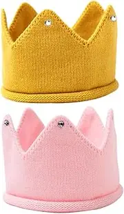 [TINEASUR] 2pcs Knitted Crown Beanie for Toddlers Stylish Birthday Crown Hats Rhinestones for First Birthday Parties and Celebrations