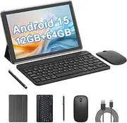 HOTTABLET 10" Android 15 Tablet, 10(4+6Expand) GB RAM+64GB ROM, 2+8MP Dual Camera, 6000mAh Battery (Tablet+case+Stylus+Keyboard+Mouse), Black