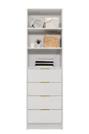 Malmo 3 Shelf 4 Drawer Walk In Wardrobe - White - Slim - Pull Brass