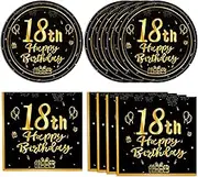 40Pcs 18th Birthday Decorations for Boys Girls Happy 18th Birthday Black Gold Birthday Plates Napkins Dinnerware for Her Him 18 Years Old Birthday Party Favor