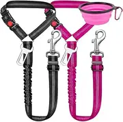 Dog car seat Belt, 2 Packs Dog car seat Belt Adjustable Elastic Bungee Cushion, 2 in 1 pet car Leash headrest Restraint Dog Reflective Safety Rope-(Black+Rose red,complimentary 1 Folding Dog Bowl)