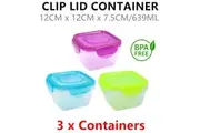 3x Clip Lid Plastic Container 639ML No Leak BPA Free Food Storage Fridge Cooking