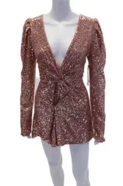 Badgley Mischka Womens Deep V-Neck Long Sleeves Sequin Shorts Romper Pink Size 4