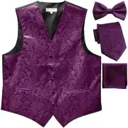 New Men's Paisley Tuxedo Vest Waistcoat & necktie & Bow tie & Hankie purple prom