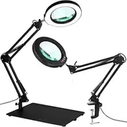 10X Magnifying Glass with Light and Stand,3 Color Stepless Dimmable,Glass Lens LED Magnifying Desk Lamp with Swing Arm and Clamp,Magnifier Light & Stand for Crafts Welding Close Work,Reading