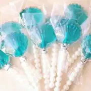 12 CLAM SHELL LOLLIPOPS WITH FAUX PEARL STICKS ~ MERMAID PARTY, WEDDING FAVORS