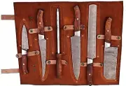 Handmade 6 Piece Damascus Chef Knife Set – Full Tang, Wood Handle, Leather Bag
