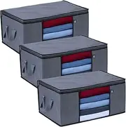 VENO 3 Pack Large Clothes Storage Bag Organizer with Reinforced Handle Thick Fabric for Comforters, Blankets, Bedding, Foldable with Sturdy Zipper, Clear Window, 13.3 Gal, Grey, Recycled Material
