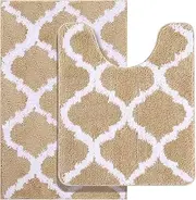 Olanly Bathroom Rugs Set 2 Piece Microfiber Bath Shower Mat and U-Shaped Toilet Rug, Machine Wash Dry, Non Slip Absorbent Shaggy Bath Rug for Tub, Shower and Bath Room (20" x 32"+20" x 24", Beige)