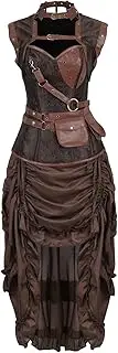 [Hengzhifeng] Women Corset Skirt Steampunk Pirate Faux Leather Steel Boned Bustiers Party Dress