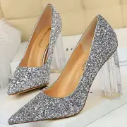 Shoes Transparent Sequins Square Heel Women Shoes Crystal Heel Sexy Heeled Shoes