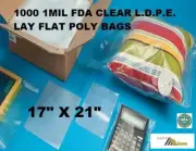 1000 17" X 21" 1mil FDA LDPE Lay Flat Clear Open Top End Plastic Poly Bags 1 MIL