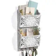 2-Slot Mail Organizer Wall Mount with 4 Hooks, Rustic Key and Mail Holder for...