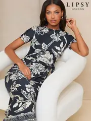 Lipsy Navy Blue Floral Short Sleeve Tie Side Maxi Dress (677919) | $86