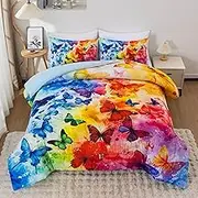 Btargot 3 Piece Butterfly Pattern Girls Comforter Set with 2 Pillow Covers, Colorful Gradient Printed Bedding Set for Women, Red Blue Queen