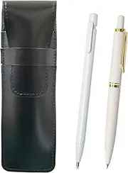 2 Pack Slim Cowhide Leather Pencil Case Black Extra Fine Retractable Eraser White and Euro Style Brass Parts Retractable Mechanical Pencil Set White ASBER15W-NXS-W-2