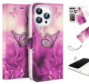Tough On Magnetic Detachable Leather Phone Case for iPhone 16 Pro Max - Butterfly Pink Lady