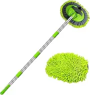 WillingHeart 63" Car Wash Mop Brush Tool Mitt with Long Handle Length More Suitable for Washing Cars Truck, SUV, RV, Trailer, 2 in 1 Chenille Microfiber Duster Not Hurt Paint Scratch Free, Green