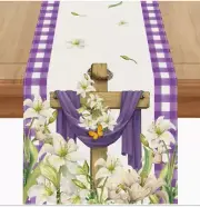 Easter Linen Table Runner - Purple & White Checkered with Cross & Lilies Design