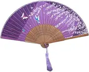 [YUUSONSM] Beaded kit manual fan,folding hand fans, Dark Purple Hand Folding Fans Floral Hand Craft Fan Folding Fan Dance Fan Vintage Retro Chinese Handheld Folding Fan