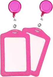 ID Card Holder, 2 Pieces Vertical ID Badge Covers Set with Retractable Reel Clip for Student, Volunteer and Employee - Rose Red
