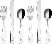 Exzact Children's Cutlery Stainless Steel 6pcs Set/Kids Cutlery/Toddler - Dishwasher Safe - 2 x Forks, 2 x Safe Dinner Knives, 2 x Table Spoons - Engraved Design - Dinosaurs