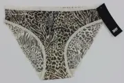 NWT DKNY DK5086 "Logo" Mid-Rise Mesh Bikini, Ivory w/ Brown Animal Print (I291Y)