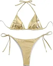 [COOLOYA] Women's Metallic Sparkly 2 Piece Triangle Bikini Sets Tie Side Halter Padded Bathing Suits, Gold, Large