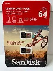 2X SanDisk 64GB Ultra Plus MicroSDXC UHS-I Cards With SD Adapters NEW /Sealed