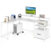 Giantex 170cm L-shaped Computer Desk Gaming Table w/Power Outlet & Movable CPU Stand Home Office Desk White