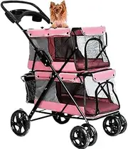 pet Stroller Strollers Outdoor Travel Dog Large Space Four-Wheel Trolley Cage Lightweight Folding Double-Layer Pet Stroller (Color : Pink)