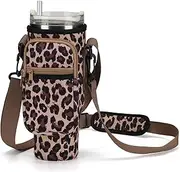 Leopard Water Bottle Carrier Bag for Stanley 40oz Tumbler with Phone Pocket Water Bottle Holder with Strap Neoprene Water Bottle Pouch for Stanley Cup Accessories