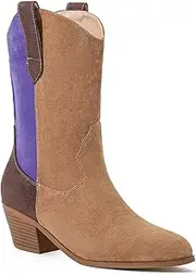 [Bestgift] Western cowboy boots pointed toe chunky heel colorblocking mid-calf boots women