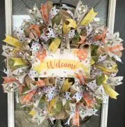 Welcome Vintage Style Spring Summer Bee Deco Mesh Wreath Farmhouse Cottage Decor