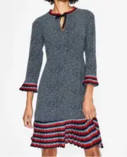 Boden Women's Lara Pleat Shift Blue White Polka Dots Split Neck Dress Sz10 NWT