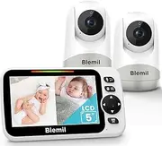 Baby Monitor with 2 Cameras and Audio, 30 Hours Rechargeable Battery, 5 Inch Large Split Screen, Remote Controlled Pan/Tilt/Zoom Camera, Two-Way Talk, Night Vision, No WiFi